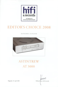 hifi & records Editor's Choice 2008 award for Astin Trew's AT3000 CD player